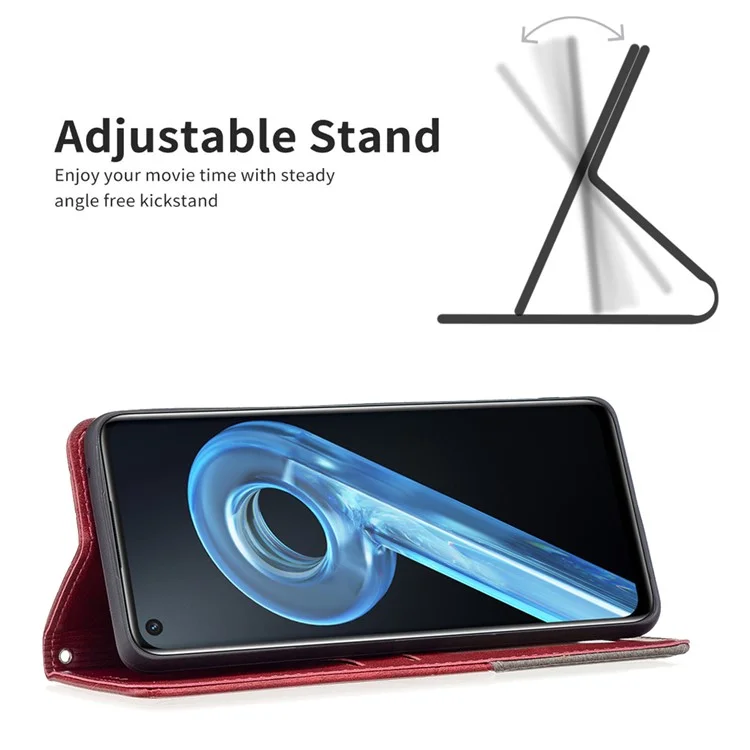Für Oppo A36 / A76 / Realme 9i Splicing Rhombus-ähnliche Prägung PU-Leder-Schutzhülle mit vollem Schutz, Ständer, Magnetabsorption und Kreditkartenfächern - Rot