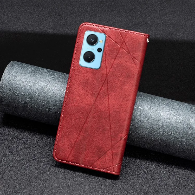 Für Oppo A36 / A76 / Realme 9i Splicing Rhombus-ähnliche Prägung PU-Leder-Schutzhülle mit vollem Schutz, Ständer, Magnetabsorption und Kreditkartenfächern - Rot
