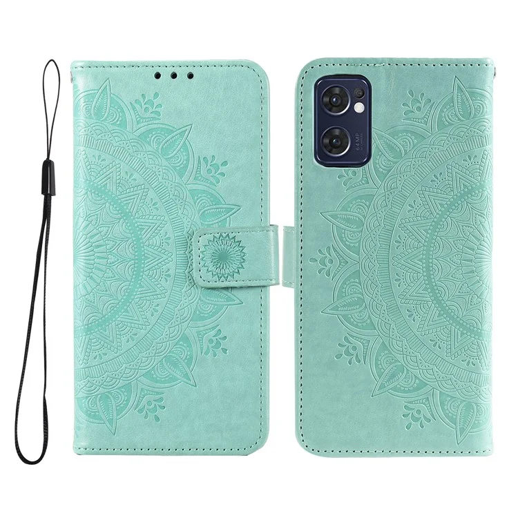 Für Oppo Reno7 5G (global) PU Leder + Innere Tpu-abdeckständer Geprägtes Mandala Blume Anti-fall-fall-flip-brieftasche Mit Riemen - Grün