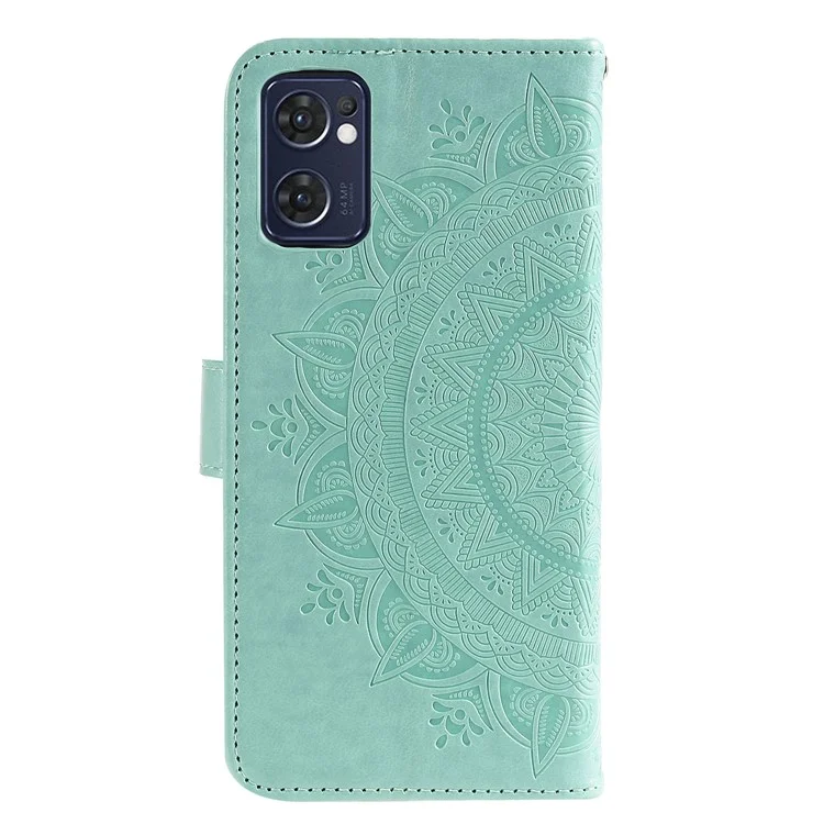 Für Oppo Reno7 5G (global) PU Leder + Innere Tpu-abdeckständer Geprägtes Mandala Blume Anti-fall-fall-flip-brieftasche Mit Riemen - Grün