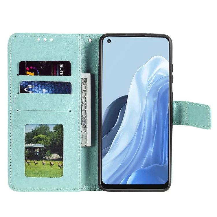 Für Oppo Reno7 5G (global) PU Leder + Innere Tpu-abdeckständer Geprägtes Mandala Blume Anti-fall-fall-flip-brieftasche Mit Riemen - Grün