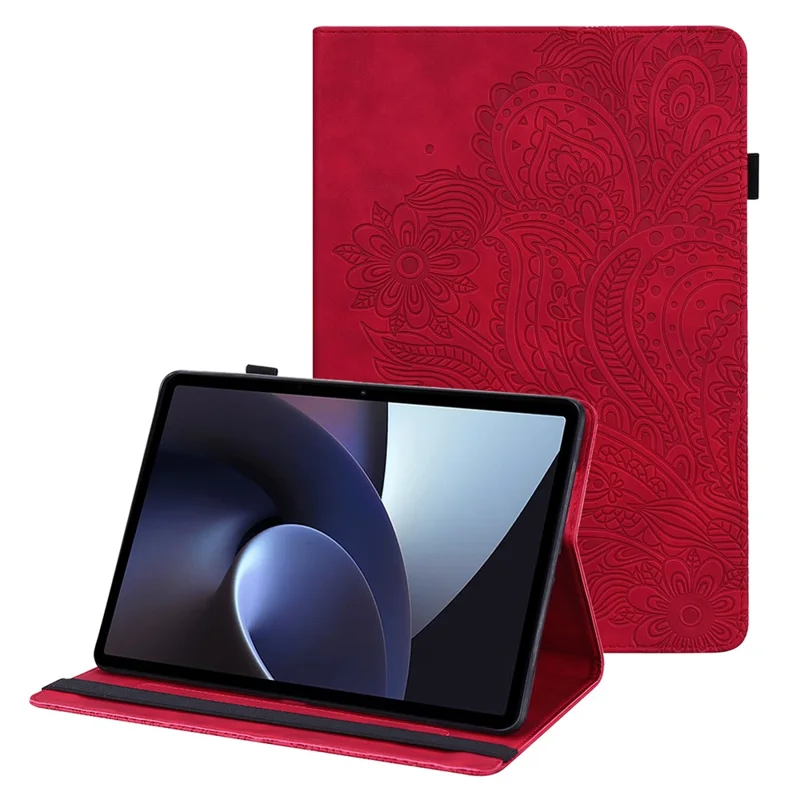 For Oppo Pad Imprinting Flower Elastic Band Design PU Leather Tablet Cover Card Holder Stand Case - Red