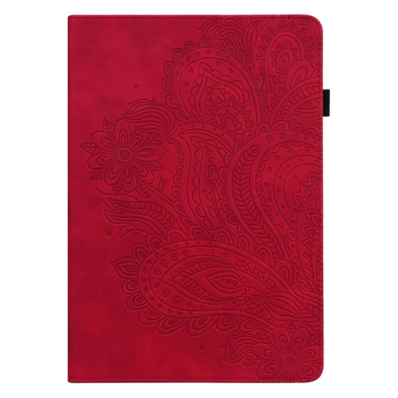 For Oppo Pad Imprinting Flower Elastic Band Design PU Leather Tablet Cover Card Holder Stand Case - Red