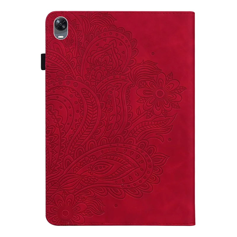 For Oppo Pad Imprinting Flower Elastic Band Design PU Leather Tablet Cover Card Holder Stand Case - Red