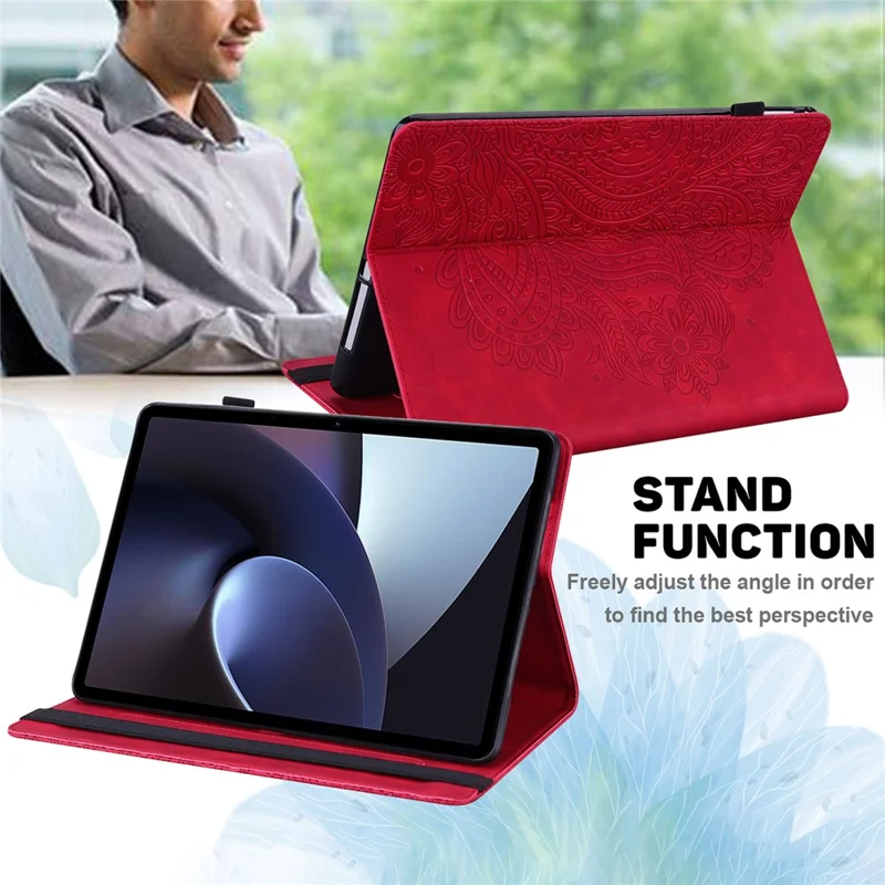 For Oppo Pad Imprinting Flower Elastic Band Design PU Leather Tablet Cover Card Holder Stand Case - Red