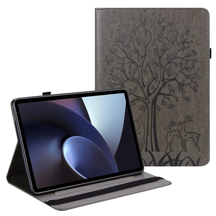 Pour Oppo Pad Tree Deer Stand Imprimé PU Tablet Tablet Cover Carte Protective Base Avec Fermeture de Bande Élastique - Gris