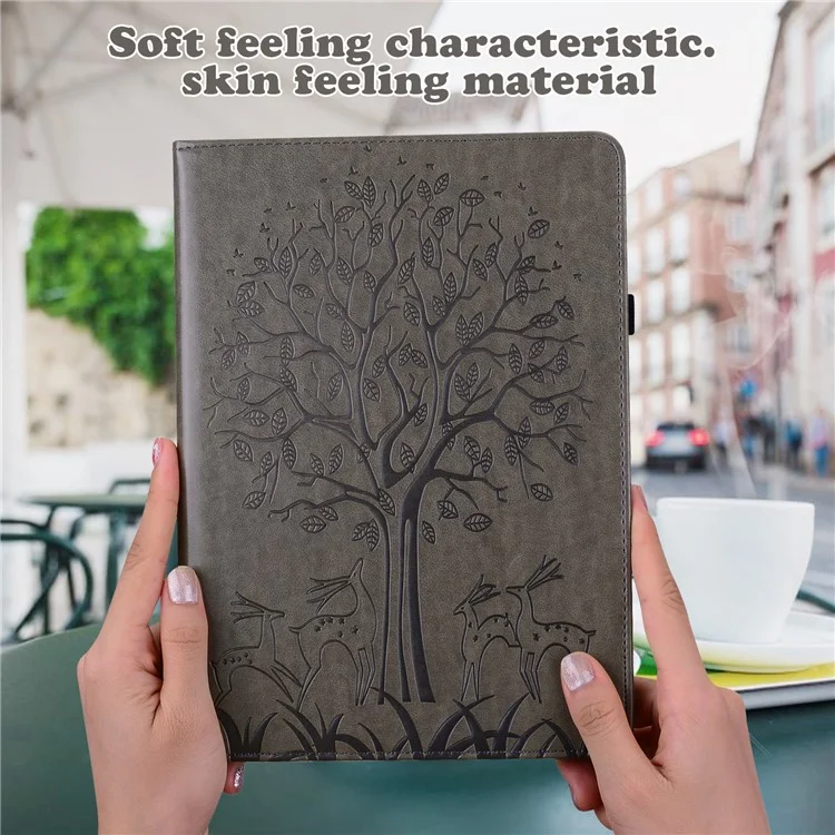 Pour Oppo Pad Tree Deer Stand Imprimé PU Tablet Tablet Cover Carte Protective Base Avec Fermeture de Bande Élastique - Gris