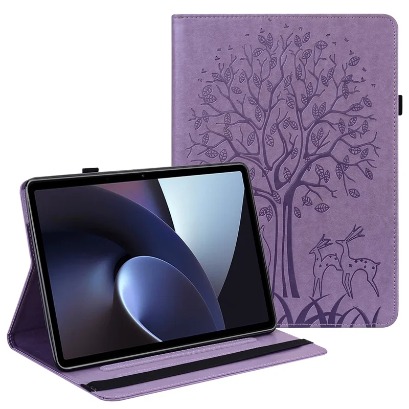 For Oppo Pad Tree Deer Imprinted Stand PU Leather Tablet Cover Card Holder Protective Case with Elastic Band Closure - Purple