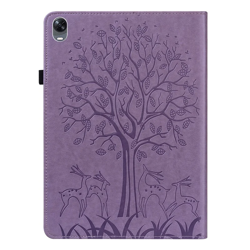 For Oppo Pad Tree Deer Imprinted Stand PU Leather Tablet Cover Card Holder Protective Case with Elastic Band Closure - Purple