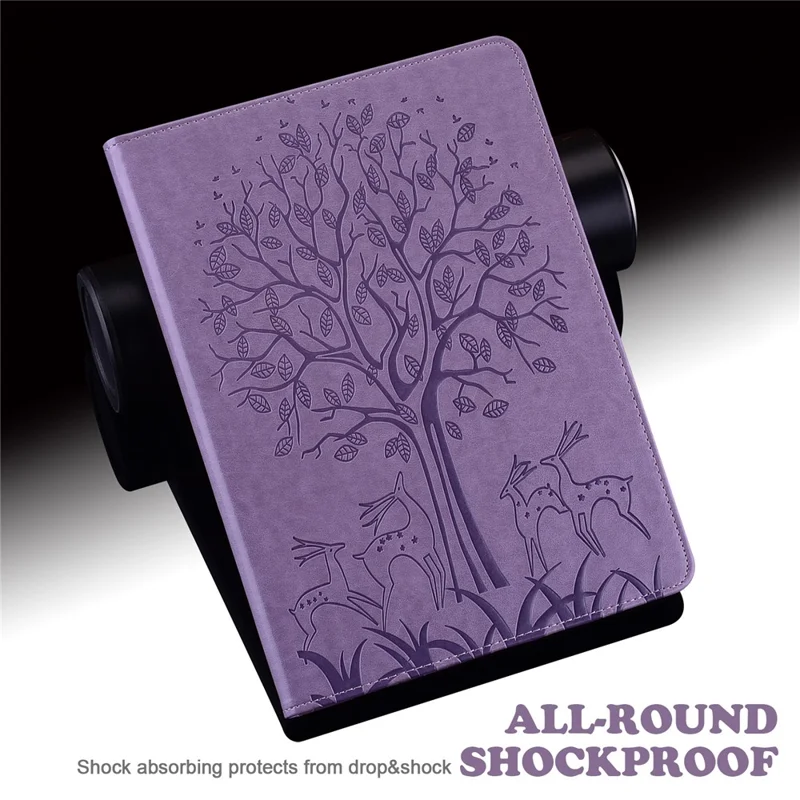 For Oppo Pad Tree Deer Imprinted Stand PU Leather Tablet Cover Card Holder Protective Case with Elastic Band Closure - Purple