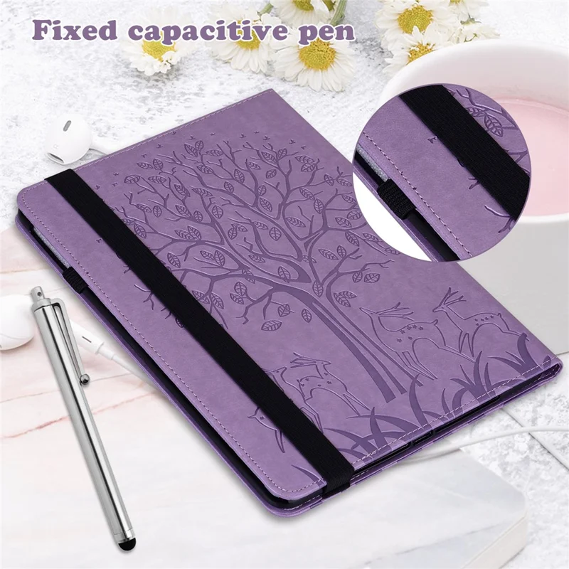 For Oppo Pad Tree Deer Imprinted Stand PU Leather Tablet Cover Card Holder Protective Case with Elastic Band Closure - Purple