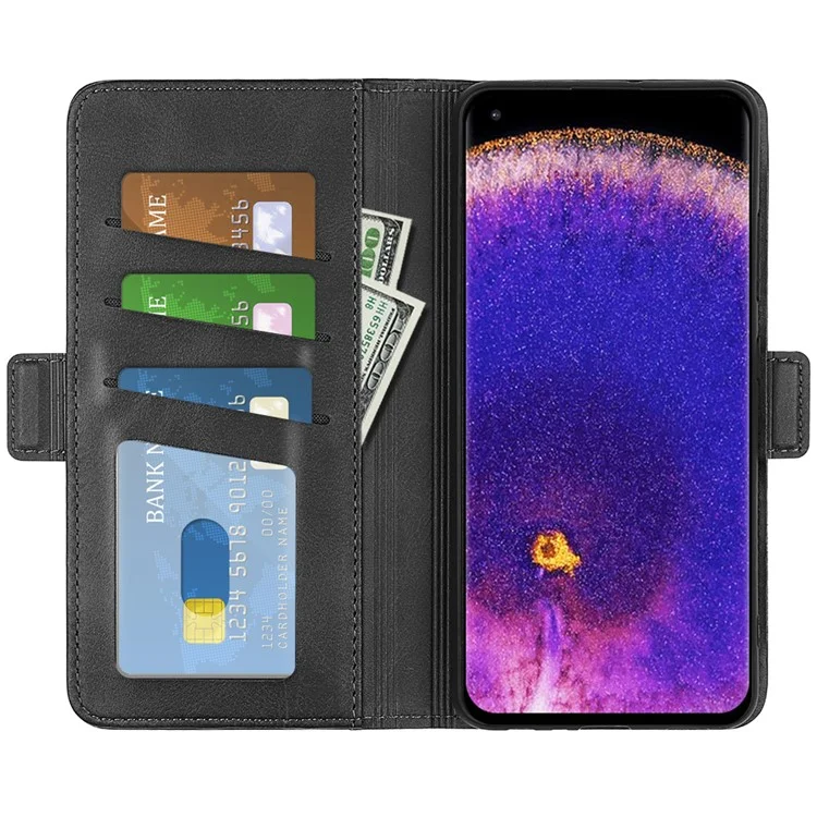Pour Oppo Find X5 Pro Textured PU Leather Stand Cover Magnetic Clasp Mobile Phone Wallet Case - Black
