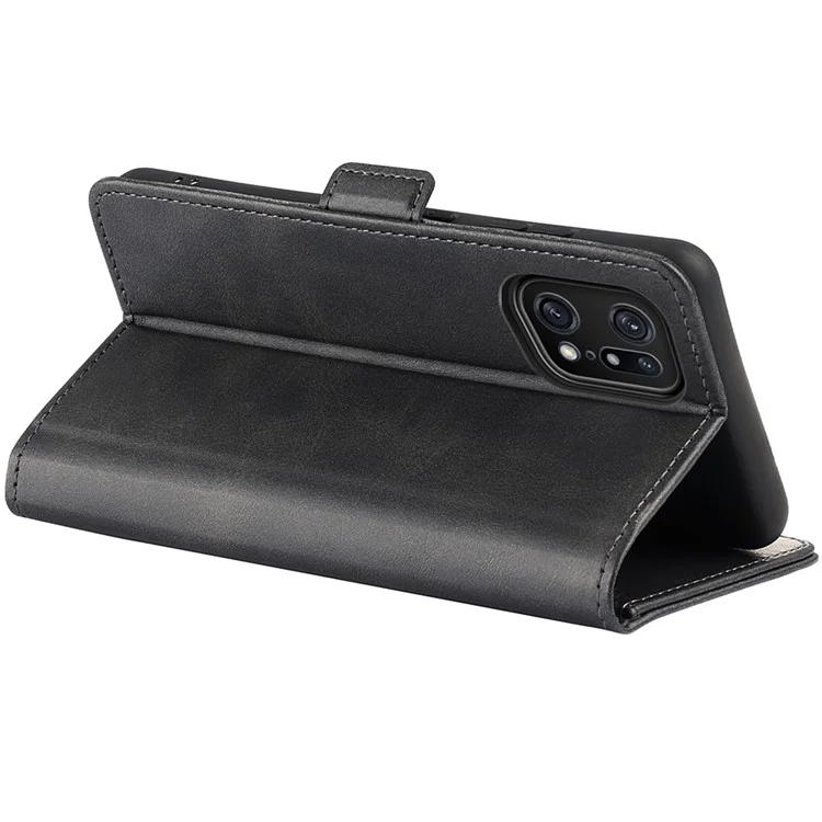 Pour Oppo Find X5 Pro Textured PU Leather Stand Cover Magnetic Clasp Mobile Phone Wallet Case - Black