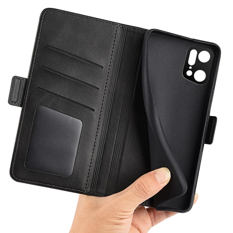 Pour Oppo Find X5 Pro Textured PU Leather Stand Cover Magnetic Clasp Mobile Phone Wallet Case - Black