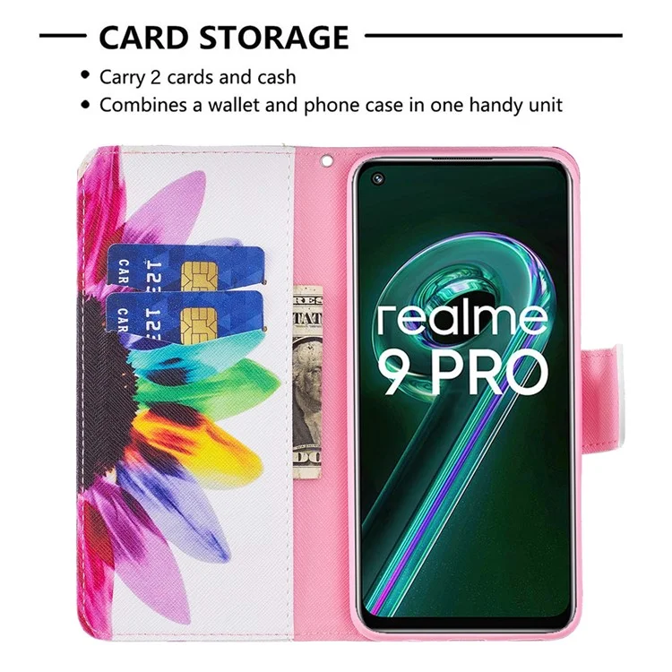 For Realme 9 Pro 5G / 9 5G / V25 Phone Case Pattern Printing PU Leather Wallet Stand Cover - Sunflower