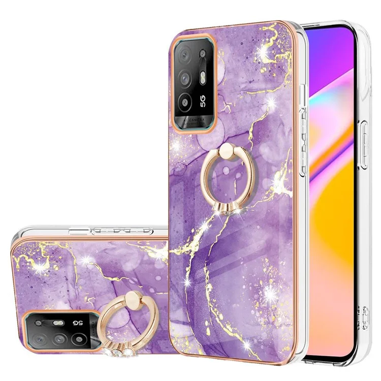 For Oppo A94 5G / A95 5G Case with Ring Kickstand Marble Pattern Electroplating TPU Back Cover - Purple 002