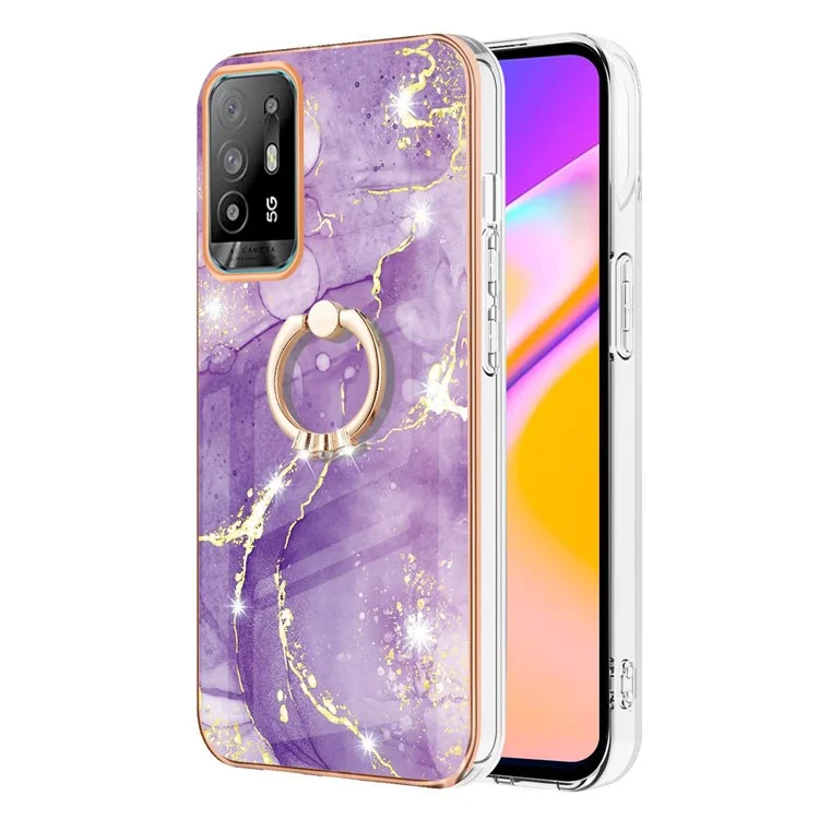 For Oppo A94 5G / A95 5G Case with Ring Kickstand Marble Pattern Electroplating TPU Back Cover - Purple 002