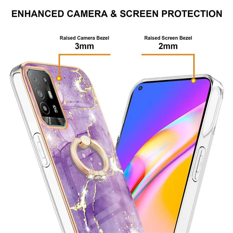 For Oppo A94 5G / A95 5G Case with Ring Kickstand Marble Pattern Electroplating TPU Back Cover - Purple 002