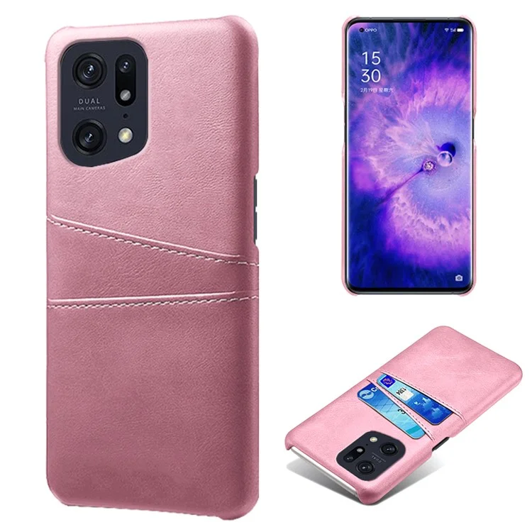 Pour Oppo Find X5 Pro PU Cuir Enduit Dur PC Coque Deux Fentes pour Cartes Antichoc Anti-rayures Coque de Téléphone - Or Rose