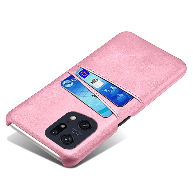 Pour Oppo Find X5 Pro PU Cuir Enduit Dur PC Coque Deux Fentes pour Cartes Antichoc Anti-rayures Coque de Téléphone - Or Rose