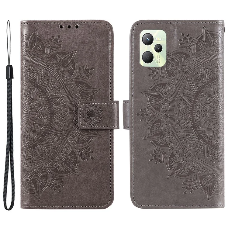 Per Realme C35 PU Leather Scratch-resistant Cover Foldable Stand Imprinted Mandala Flower Wallet Case con Cinturino - Grigio