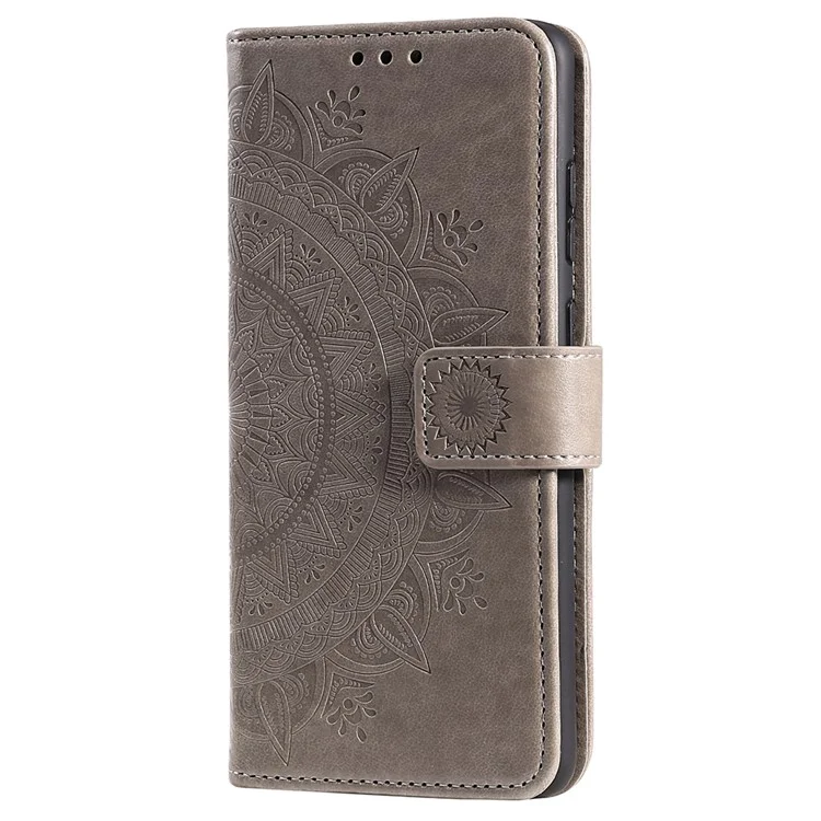 Per Realme C35 PU Leather Scratch-resistant Cover Foldable Stand Imprinted Mandala Flower Wallet Case con Cinturino - Grigio