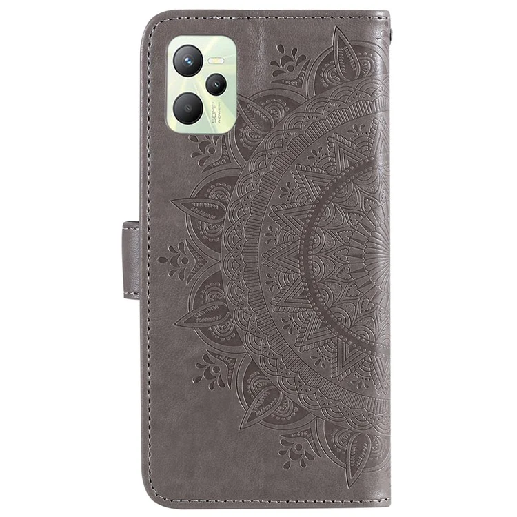Per Realme C35 PU Leather Scratch-resistant Cover Foldable Stand Imprinted Mandala Flower Wallet Case con Cinturino - Grigio