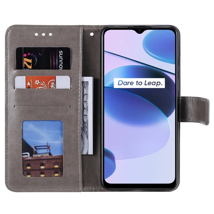 Per Realme C35 PU Leather Scratch-resistant Cover Foldable Stand Imprinted Mandala Flower Wallet Case con Cinturino - Grigio