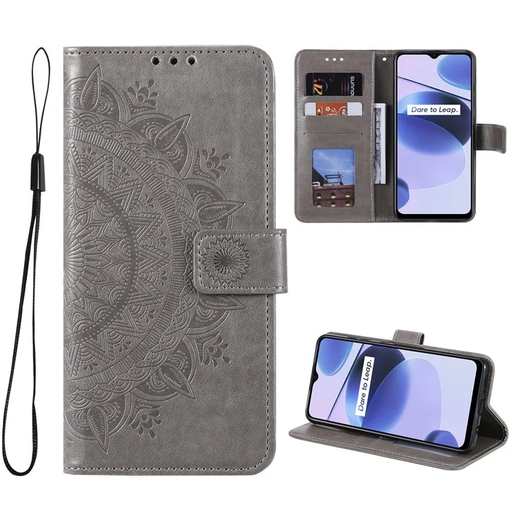 Per Realme C35 PU Leather Scratch-resistant Cover Foldable Stand Imprinted Mandala Flower Wallet Case con Cinturino - Grigio