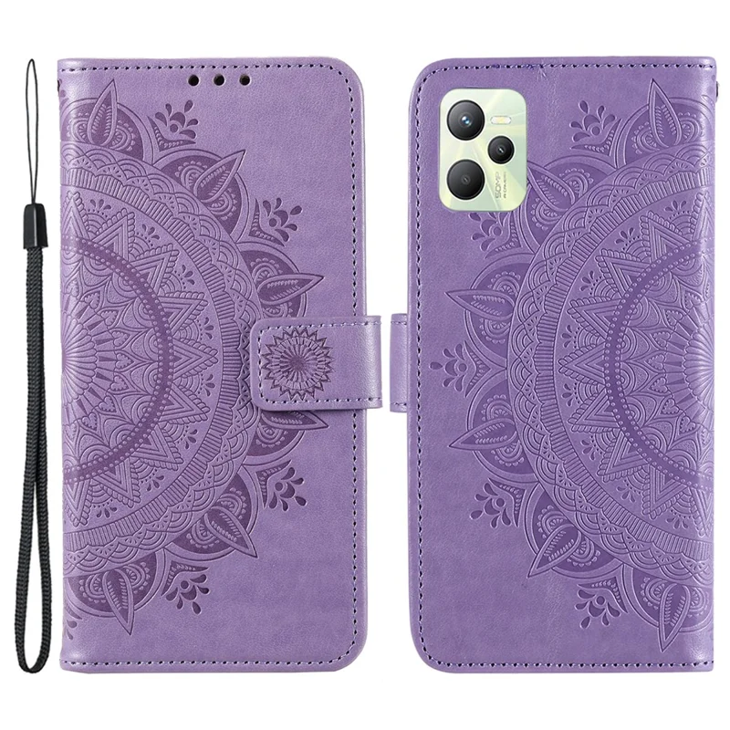 For Realme C35 PU Leather Scratch-resistant Cover Foldable Stand Imprinted Mandala Flower Wallet Case with Strap - Purple
