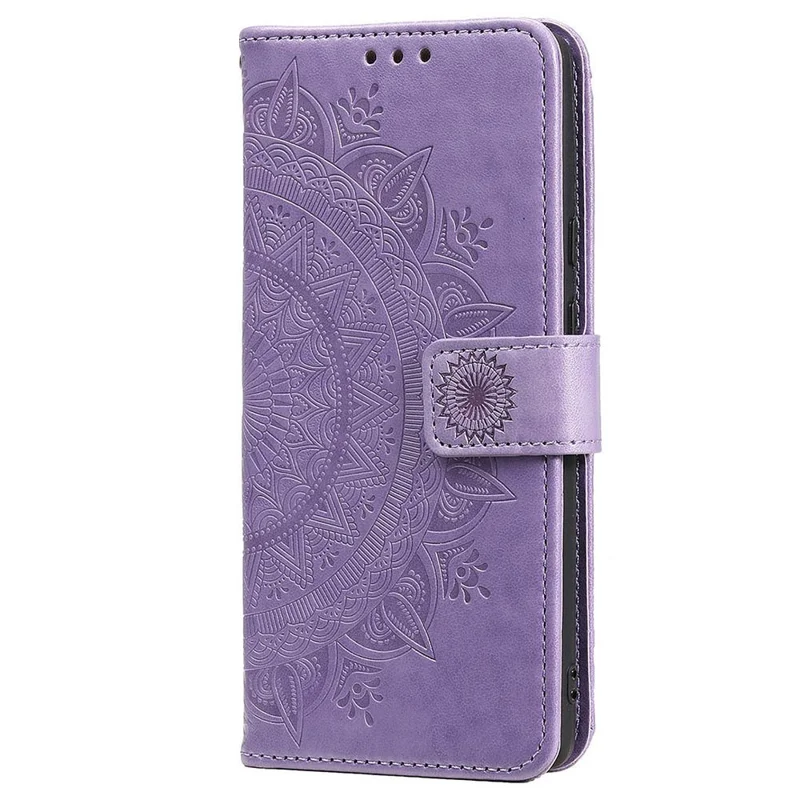 For Realme C35 PU Leather Scratch-resistant Cover Foldable Stand Imprinted Mandala Flower Wallet Case with Strap - Purple