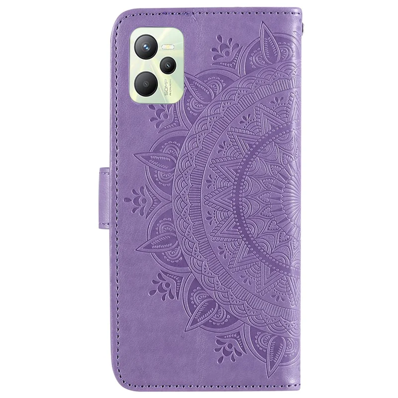 For Realme C35 PU Leather Scratch-resistant Cover Foldable Stand Imprinted Mandala Flower Wallet Case with Strap - Purple