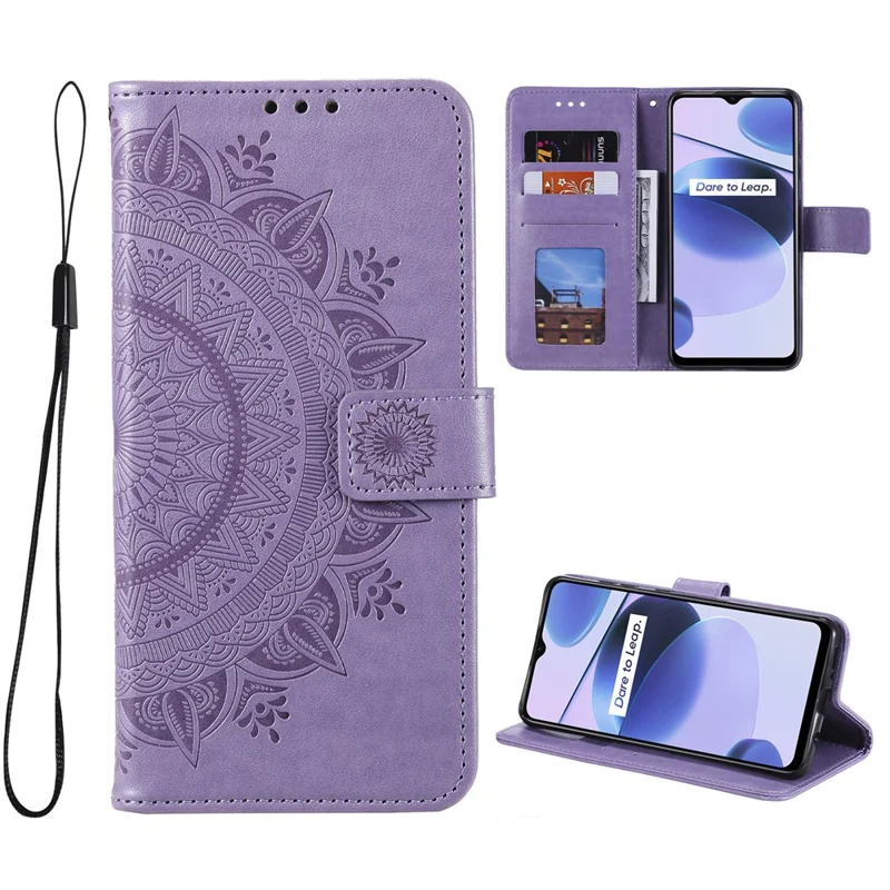 For Realme C35 PU Leather Scratch-resistant Cover Foldable Stand Imprinted Mandala Flower Wallet Case with Strap - Purple