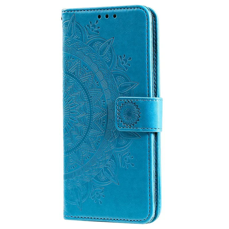 For Realme C35 PU Leather Scratch-resistant Cover Foldable Stand Imprinted Mandala Flower Wallet Case with Strap - Blue