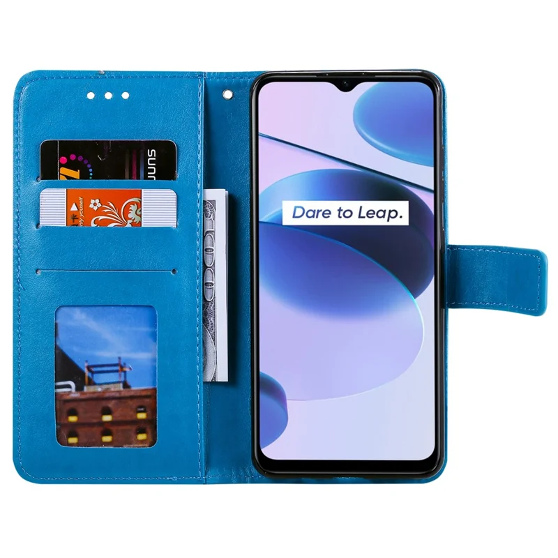 For Realme C35 PU Leather Scratch-resistant Cover Foldable Stand Imprinted Mandala Flower Wallet Case with Strap - Blue
