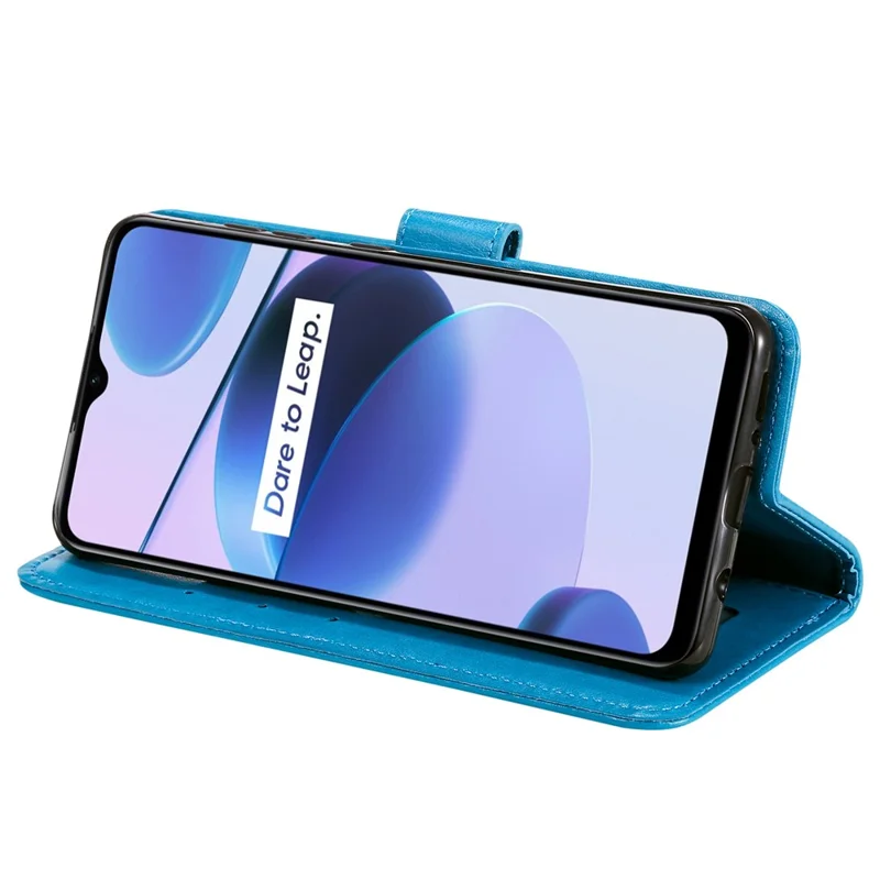 For Realme C35 PU Leather Scratch-resistant Cover Foldable Stand Imprinted Mandala Flower Wallet Case with Strap - Blue