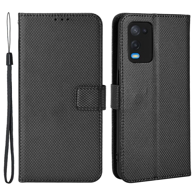 Pour Oppo A54 4G Diamond Texture Pliage Stand PU Cuir Folio Case de Fermeture Magnétique Couverture de Style Portefeuille Avec Sangle - le Noir