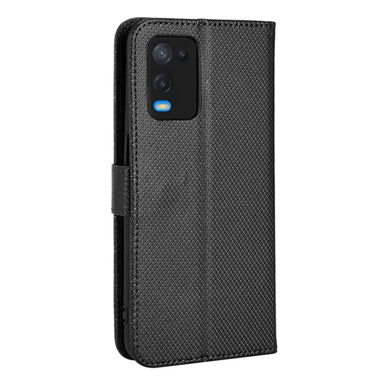 Pour Oppo A54 4G Diamond Texture Pliage Stand PU Cuir Folio Case de Fermeture Magnétique Couverture de Style Portefeuille Avec Sangle - le Noir