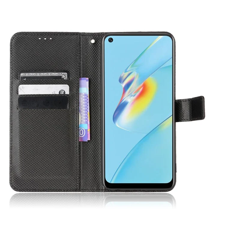 Pour Oppo A54 4G Diamond Texture Pliage Stand PU Cuir Folio Case de Fermeture Magnétique Couverture de Style Portefeuille Avec Sangle - le Noir