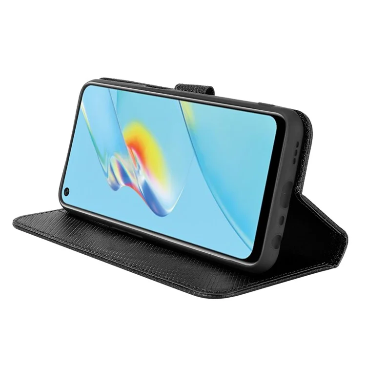 Pour Oppo A54 4G Diamond Texture Pliage Stand PU Cuir Folio Case de Fermeture Magnétique Couverture de Style Portefeuille Avec Sangle - le Noir