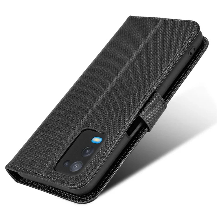 Pour Oppo A54 4G Diamond Texture Pliage Stand PU Cuir Folio Case de Fermeture Magnétique Couverture de Style Portefeuille Avec Sangle - le Noir
