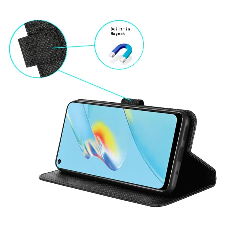 Pour Oppo A54 4G Diamond Texture Pliage Stand PU Cuir Folio Case de Fermeture Magnétique Couverture de Style Portefeuille Avec Sangle - le Noir
