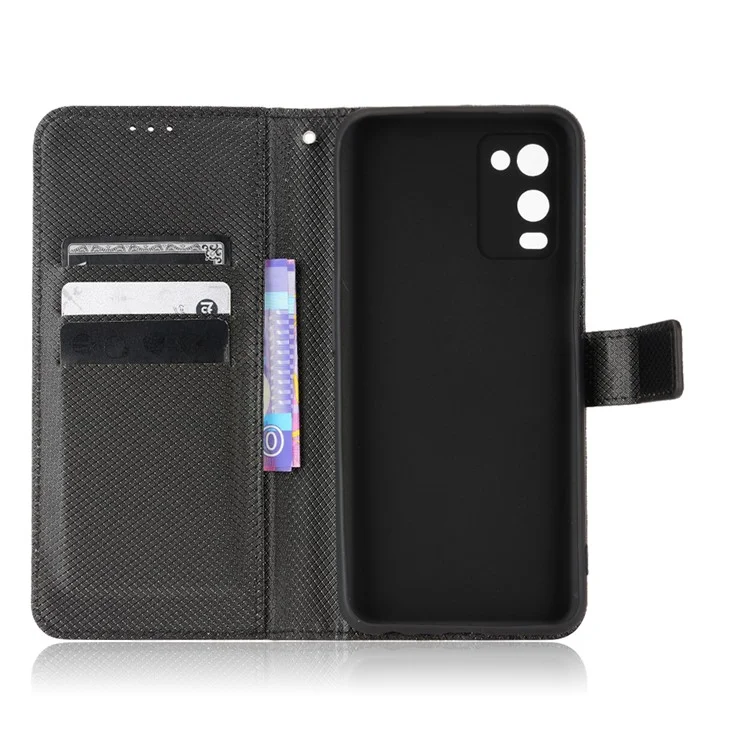 Pour Oppo A54 4G Diamond Texture Pliage Stand PU Cuir Folio Case de Fermeture Magnétique Couverture de Style Portefeuille Avec Sangle - le Noir