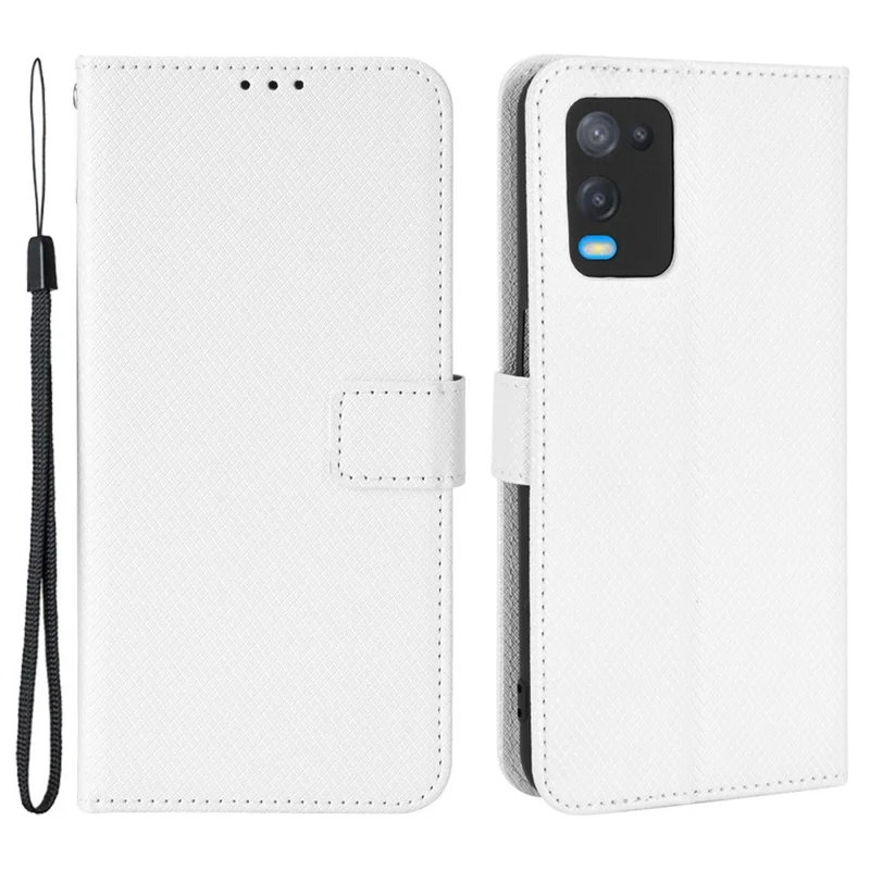 For Oppo A54 4G Diamond Texture Folding Stand PU Leather Folio Case Magnetic Closure Wallet Style Flip Cover with Strap - White