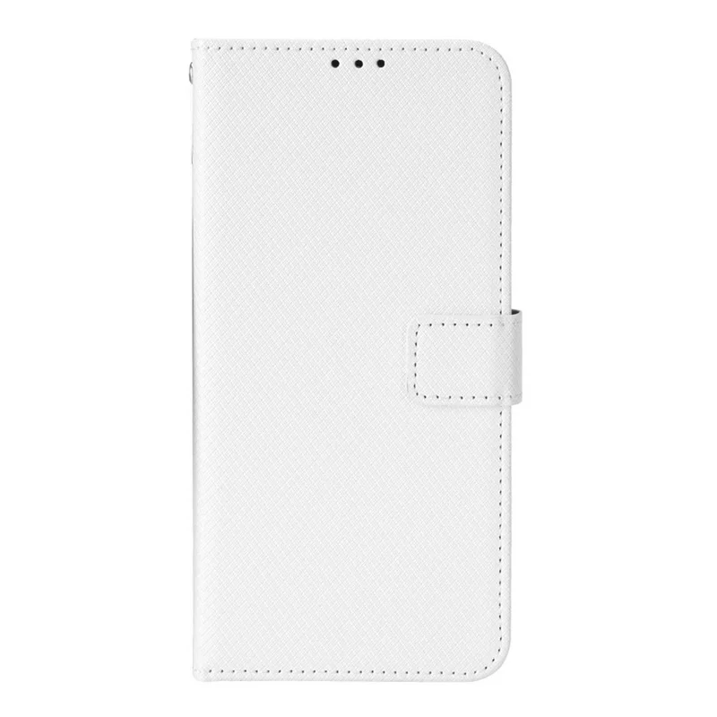 For Oppo A54 4G Diamond Texture Folding Stand PU Leather Folio Case Magnetic Closure Wallet Style Flip Cover with Strap - White