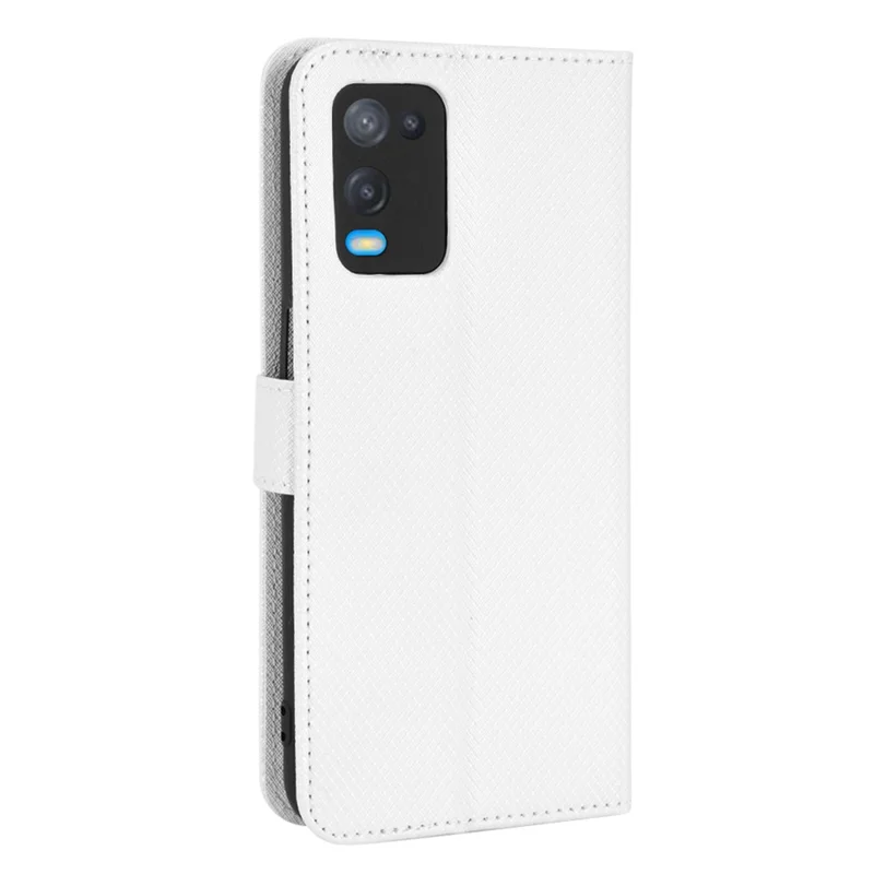 For Oppo A54 4G Diamond Texture Folding Stand PU Leather Folio Case Magnetic Closure Wallet Style Flip Cover with Strap - White