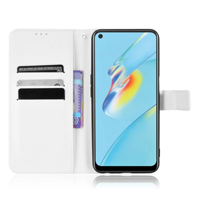 For Oppo A54 4G Diamond Texture Folding Stand PU Leather Folio Case Magnetic Closure Wallet Style Flip Cover with Strap - White