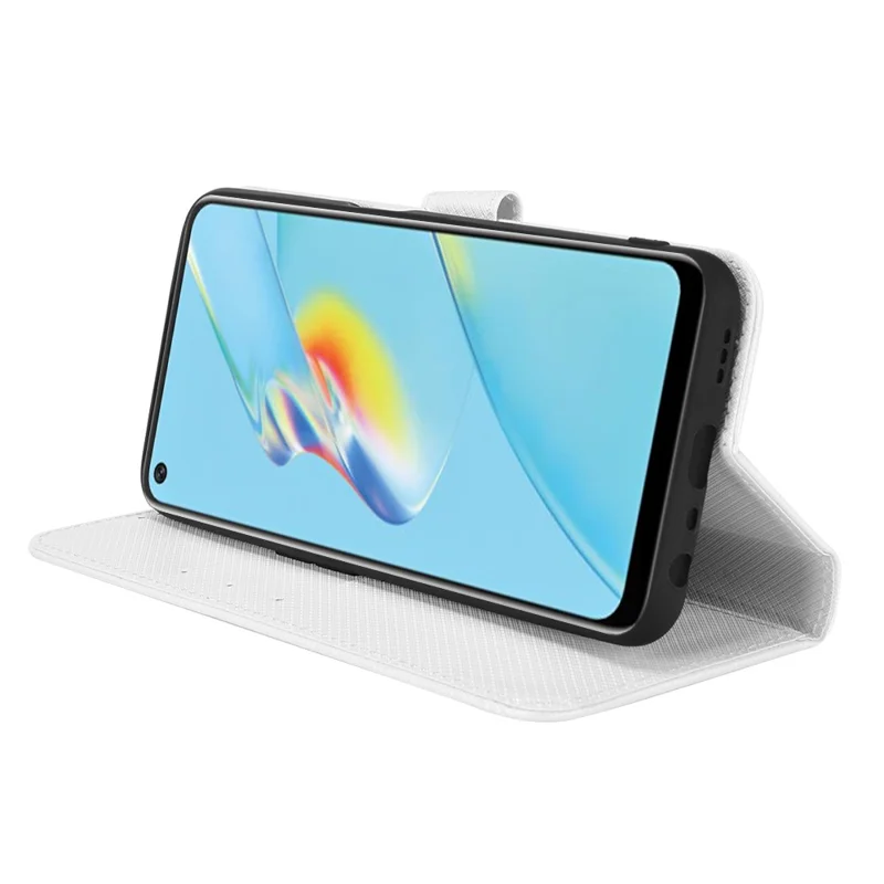 For Oppo A54 4G Diamond Texture Folding Stand PU Leather Folio Case Magnetic Closure Wallet Style Flip Cover with Strap - White