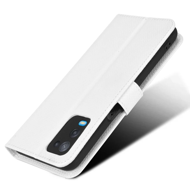 For Oppo A54 4G Diamond Texture Folding Stand PU Leather Folio Case Magnetic Closure Wallet Style Flip Cover with Strap - White