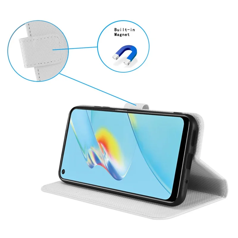 For Oppo A54 4G Diamond Texture Folding Stand PU Leather Folio Case Magnetic Closure Wallet Style Flip Cover with Strap - White